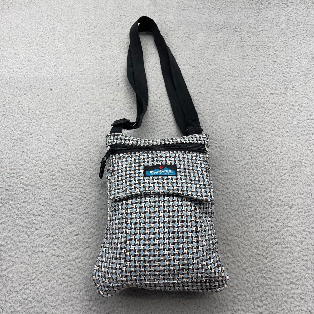 KAVU Keeper Blue Houndstooth Cotton Canvas Crossbody Travel Bag Handbag Puse